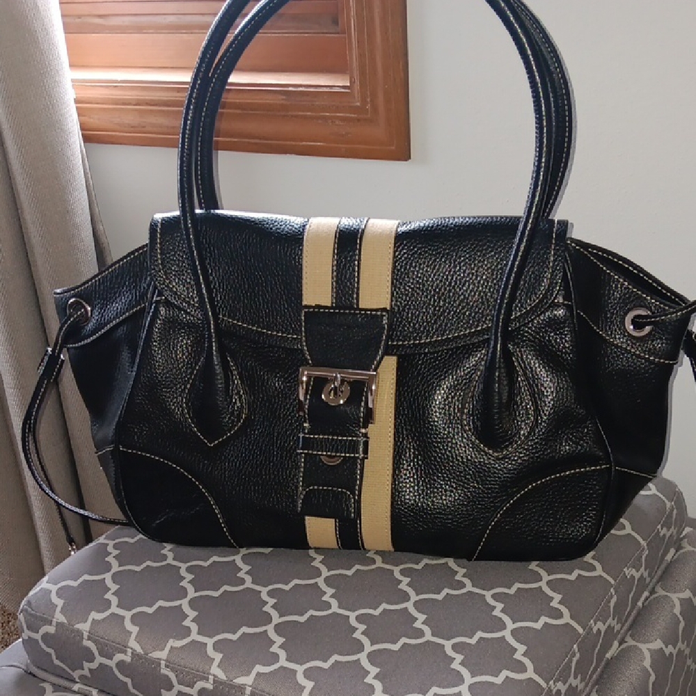 Prada Black Leather Shoulder Bag with Cream Stripe